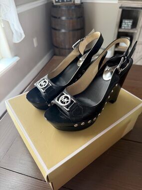 Michael Kors Black Leather Studded Platform Wedge Sandals with MK Buckle